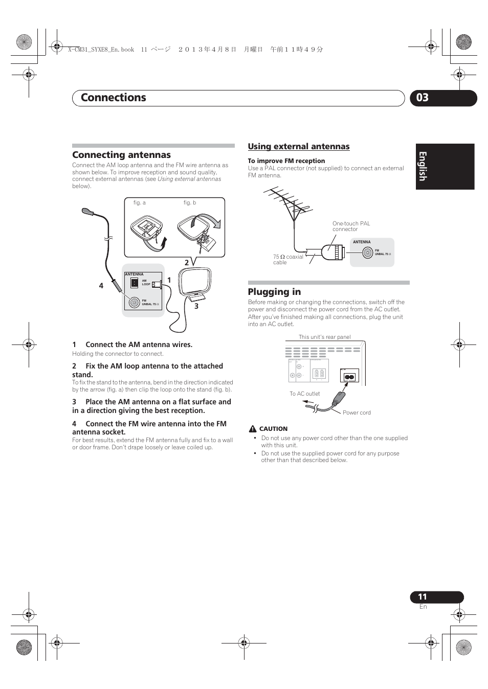 Connecting antennas, Using external antennas, Plugging in | Connections 03, English français español | Pioneer X-CM31-W User Manual | Page 11 / 228