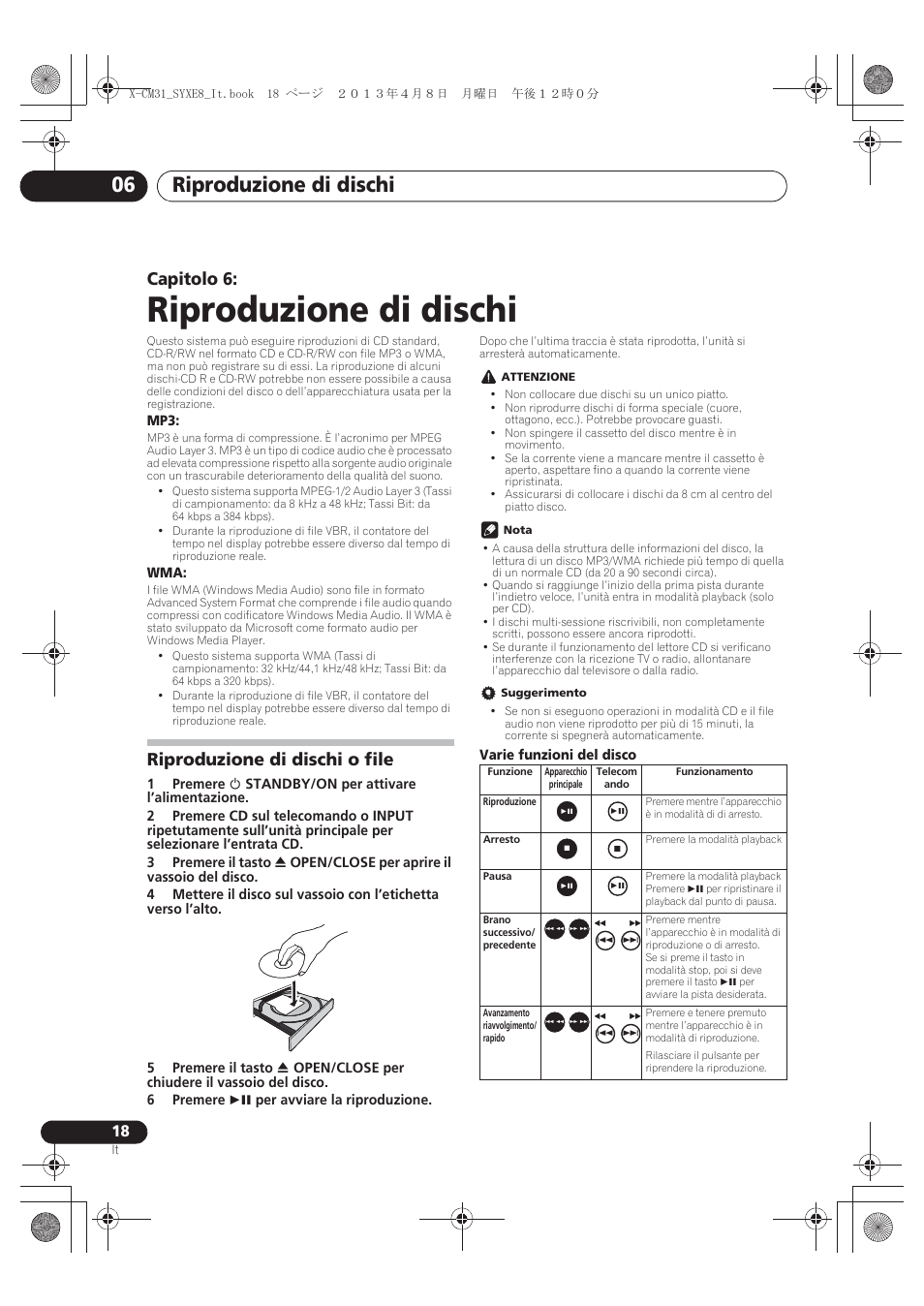 06 riproduzione di dischi, Riproduzione di dischi o file, Riproduzione di dischi | Riproduzione di dischi 06, Capitolo 6 | Pioneer X-CM31-W User Manual | Page 114 / 228