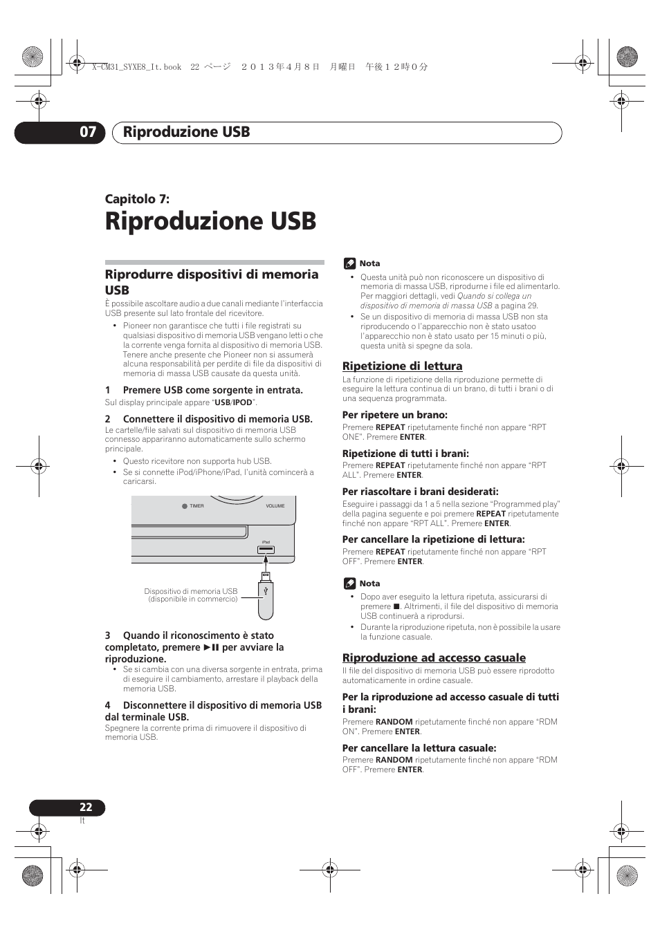 07 riproduzione usb, Riprodurre dispositivi di memoria usb, Ripetizione di lettura | Riproduzione ad accesso casuale, Riproduzione usb, Riproduzione usb 07, Capitolo 7 | Pioneer X-CM31-W User Manual | Page 118 / 228