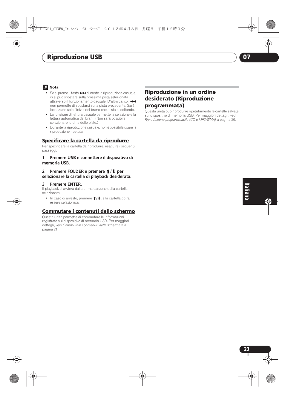 Specificare la cartella da riprodurre, Commutare i contenuti dello schermo, Riproduzione in un ordine desiderato (riproduzione | Programmata), Riproduzione usb 07 | Pioneer X-CM31-W User Manual | Page 119 / 228