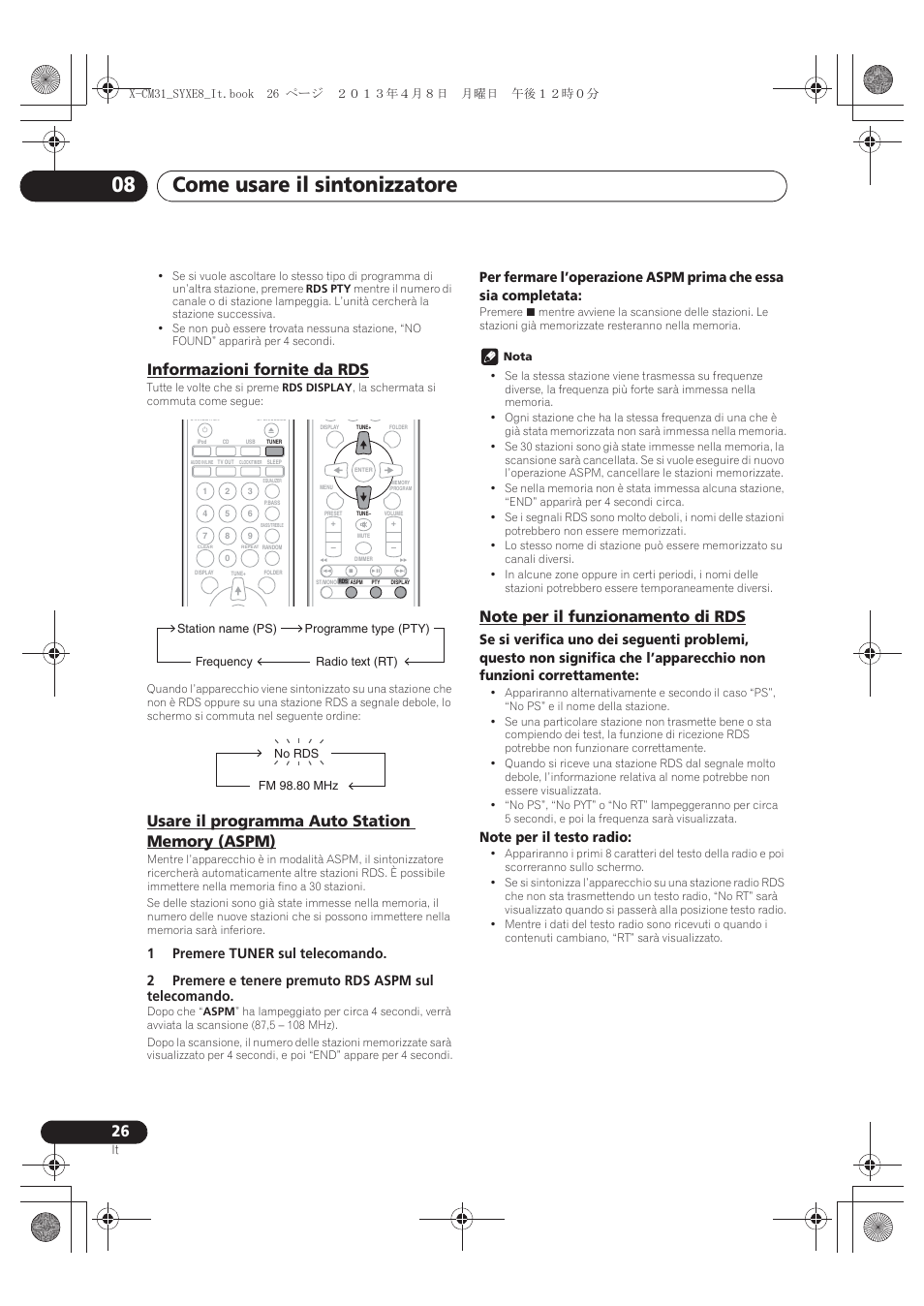 Informazioni fornite da rds, Usare il programma auto station memory (aspm), Note per il funzionamento di rds | Come usare il sintonizzatore 08 | Pioneer X-CM31-W User Manual | Page 122 / 228