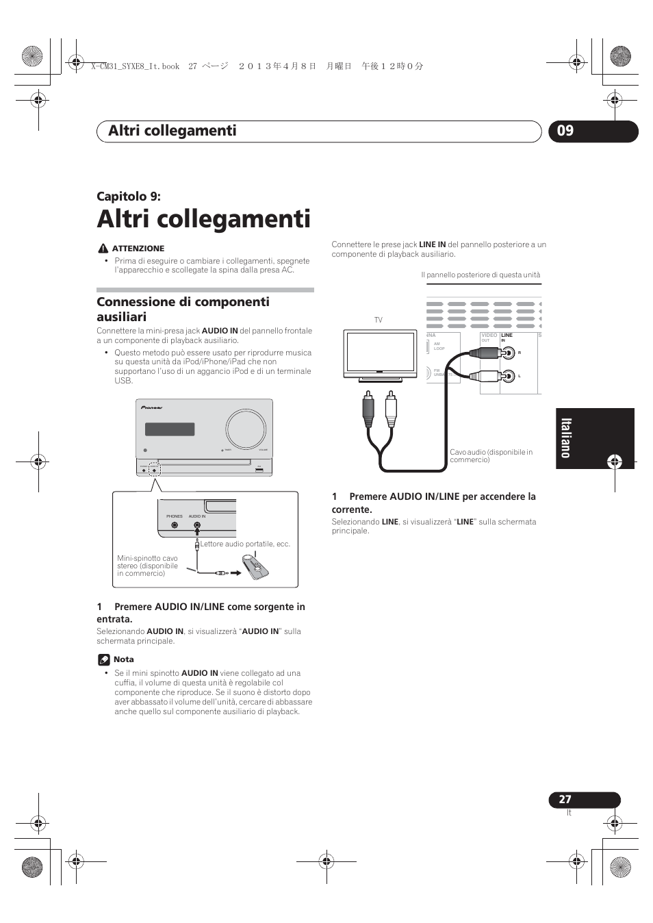 09 altri collegamenti, Connessione di componenti ausiliari, Altri collegamenti | Altri collegamenti 09, Capitolo 9 | Pioneer X-CM31-W User Manual | Page 123 / 228