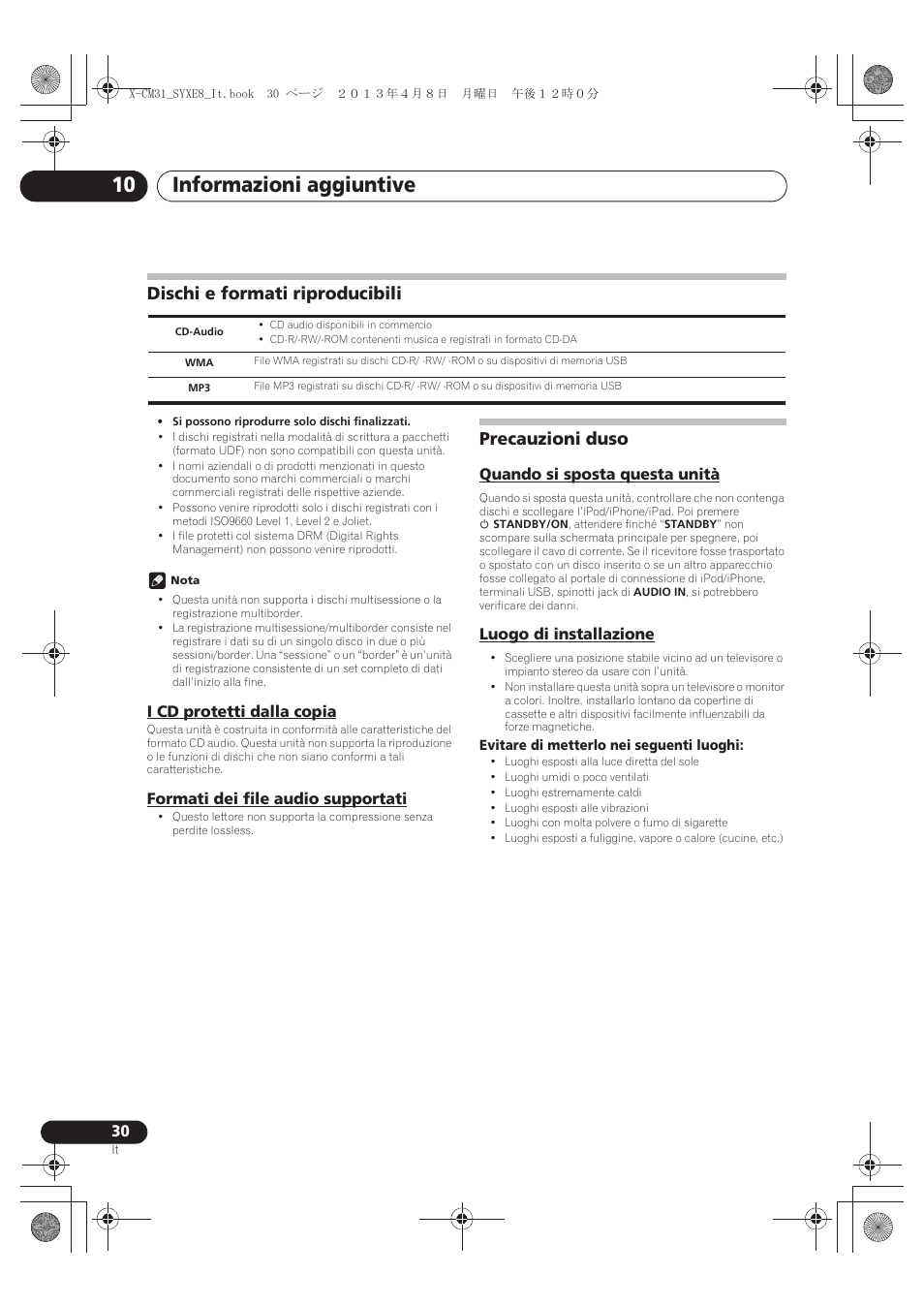 Dischi e formati riproducibili, I cd protetti dalla copia, Formati dei file audio supportati | Precauzioni duso, Quando si sposta questa unità, Luogo di installazione, Informazioni aggiuntive 10 | Pioneer X-CM31-W User Manual | Page 126 / 228