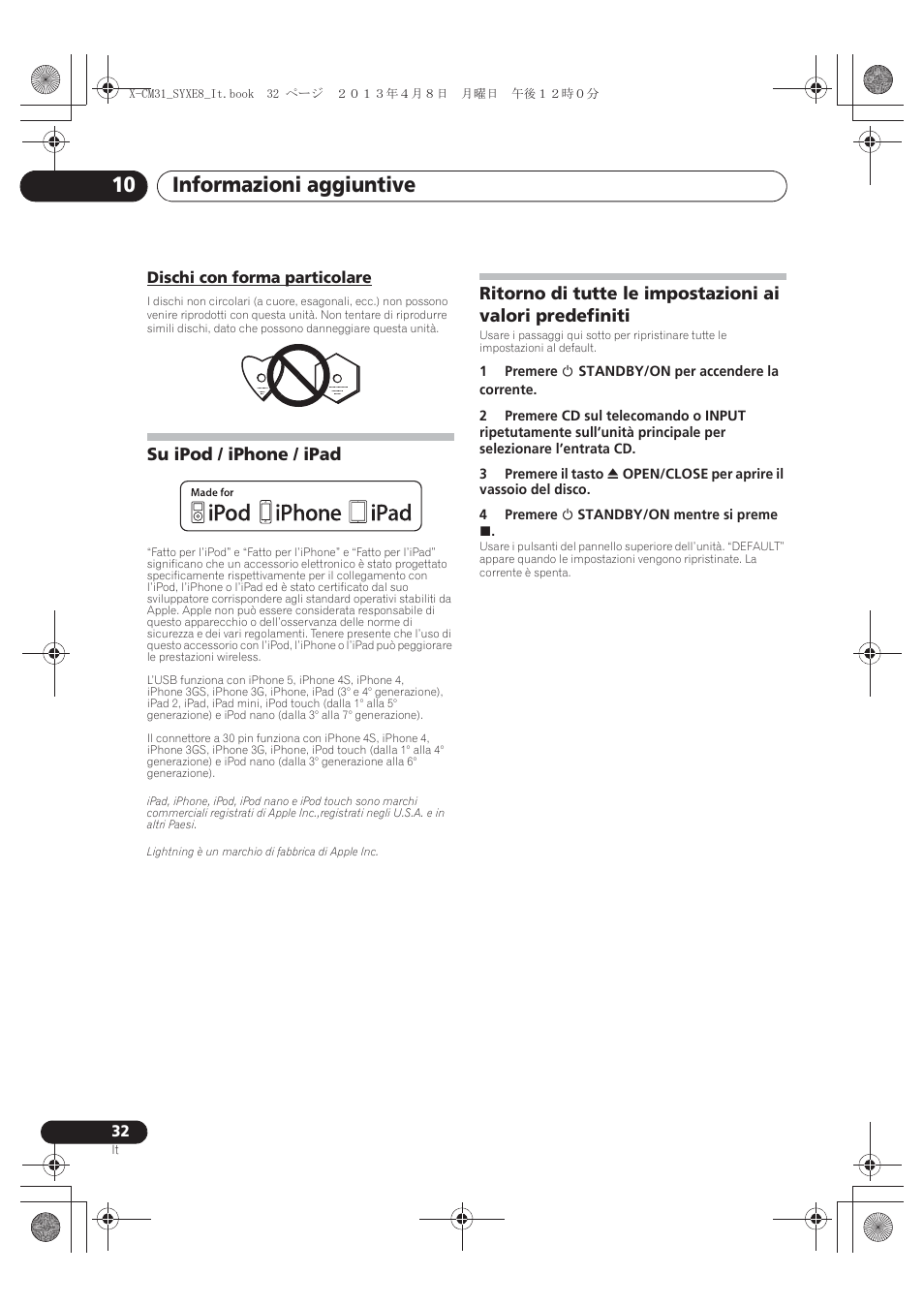 Dischi con forma particolare, Su ipod / iphone / ipad, Ritorno di tutte le impostazioni ai valori | Predefiniti, Informazioni aggiuntive 10 | Pioneer X-CM31-W User Manual | Page 128 / 228
