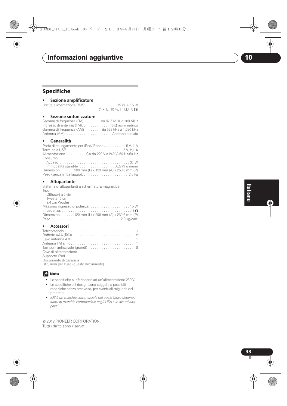 Specifiche, Informazioni aggiuntive 10 | Pioneer X-CM31-W User Manual | Page 129 / 228