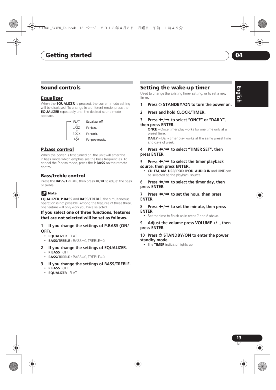 Sound controls, Equalizer, P.bass control | Bass/treble control, Setting the wake-up timer, Getting started 04, English français español | Pioneer X-CM31-W User Manual | Page 13 / 228