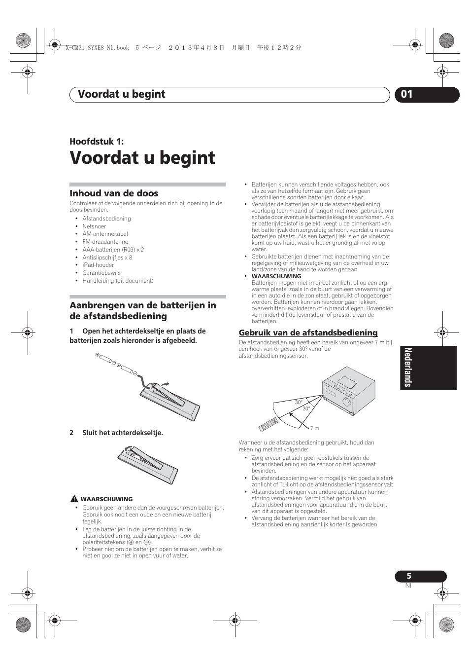 01 voordat u begint, Inhoud van de doos, Aanbrengen van de batterijen in de | Afstandsbediening, Gebruik van de afstandsbediening, Voordat u begint, Voordat u begint 01, Hoofdstuk 1 | Pioneer X-CM31-W User Manual | Page 133 / 228