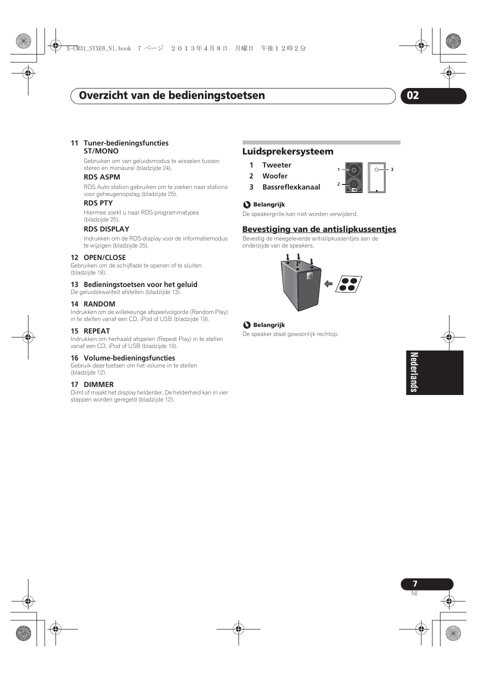 Luidsprekersysteem, Bevestiging van de antislipkussentjes, Overzicht van de bedieningstoetsen 02 | Pioneer X-CM31-W User Manual | Page 135 / 228