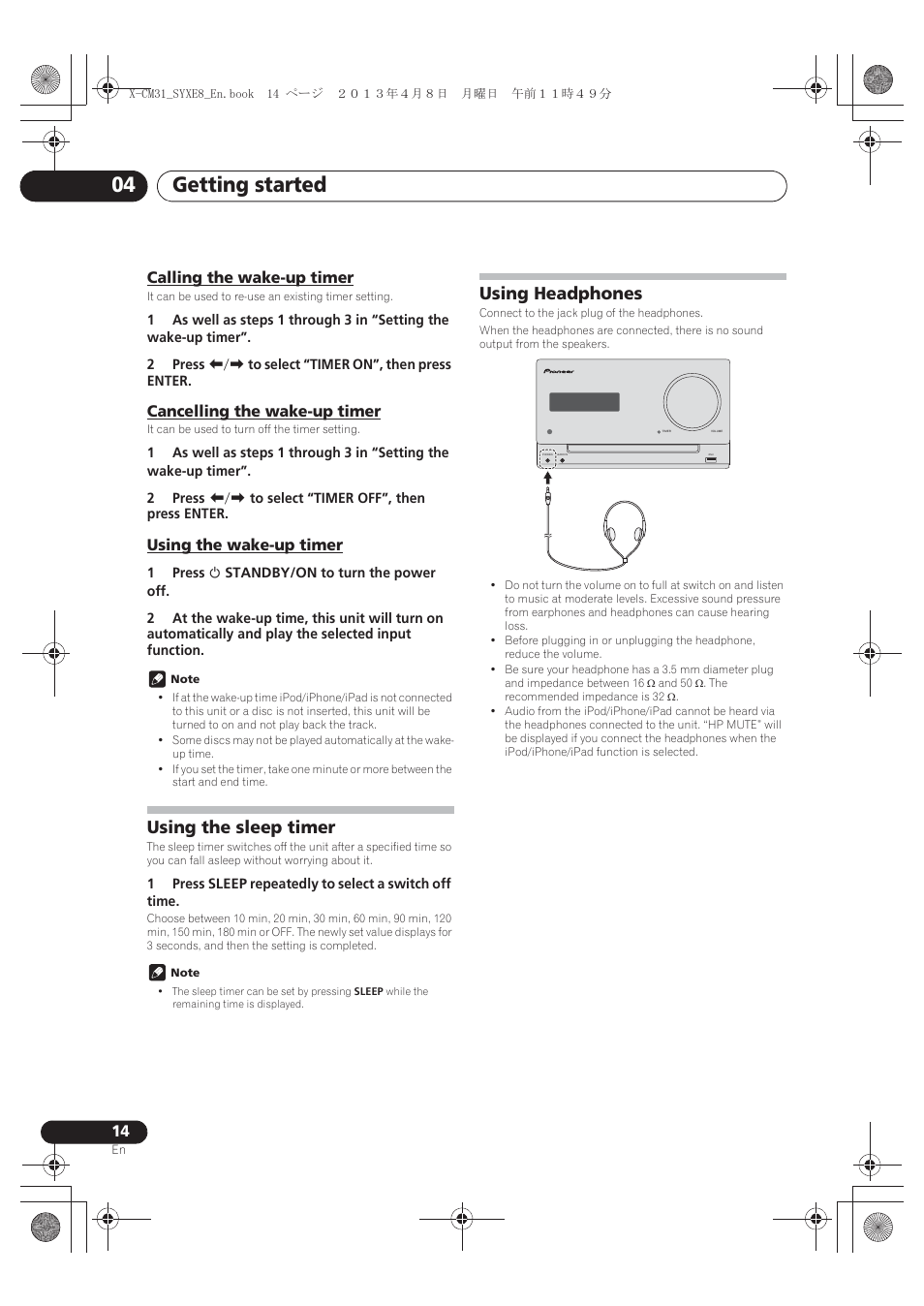 Calling the wake-up timer, Cancelling the wake-up timer, Using the wake-up timer | Using the sleep timer, Using headphones, Getting started 04 | Pioneer X-CM31-W User Manual | Page 14 / 228