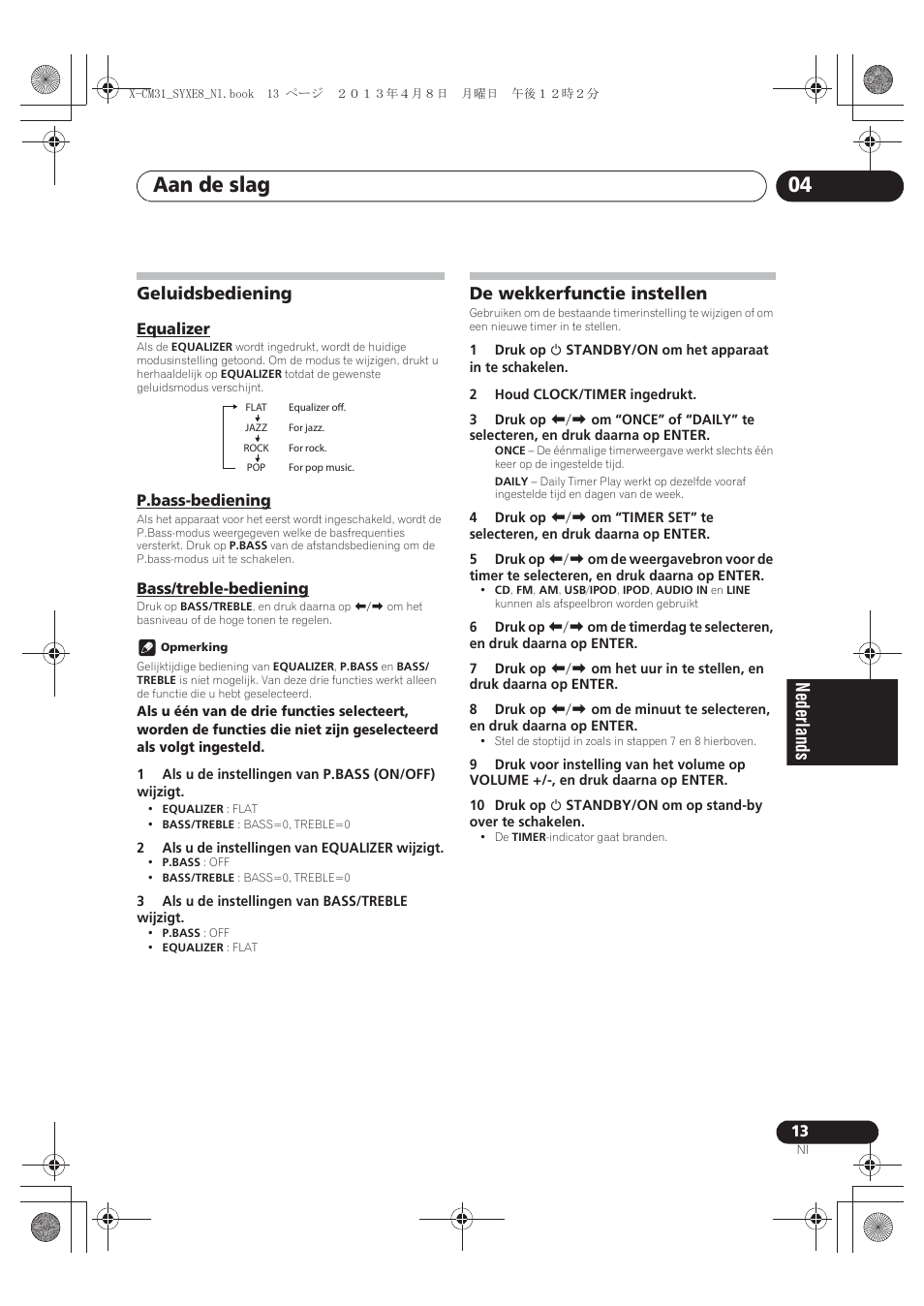 Geluidsbediening, Equalizer, P.bass-bediening | Bass/treble-bediening, De wekkerfunctie instellen, Aan de slag 04 | Pioneer X-CM31-W User Manual | Page 141 / 228