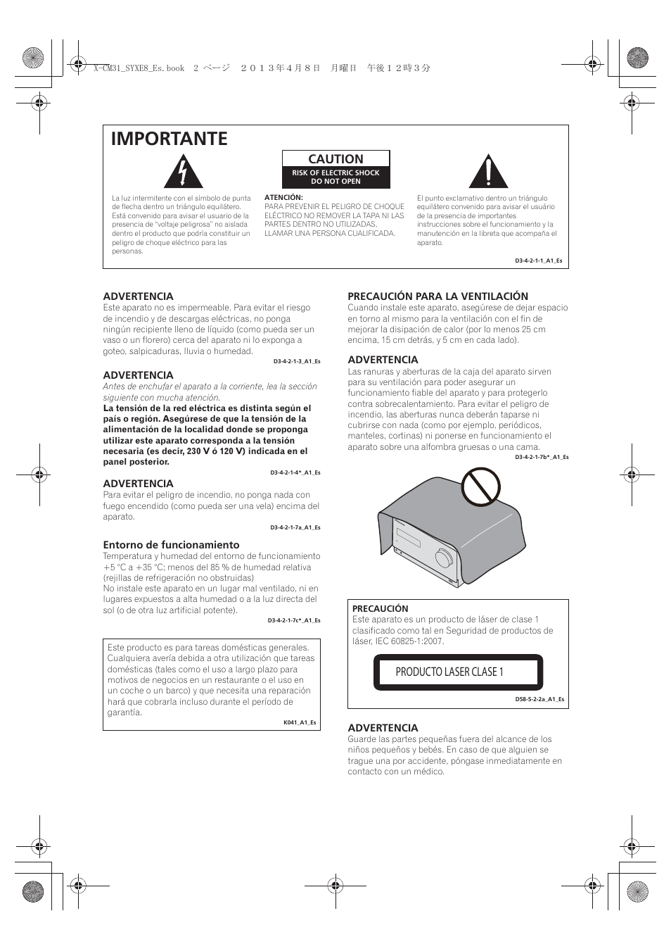 Importante, Producto laser clase 1, Caution | Pioneer X-CM31-W User Manual | Page 162 / 228