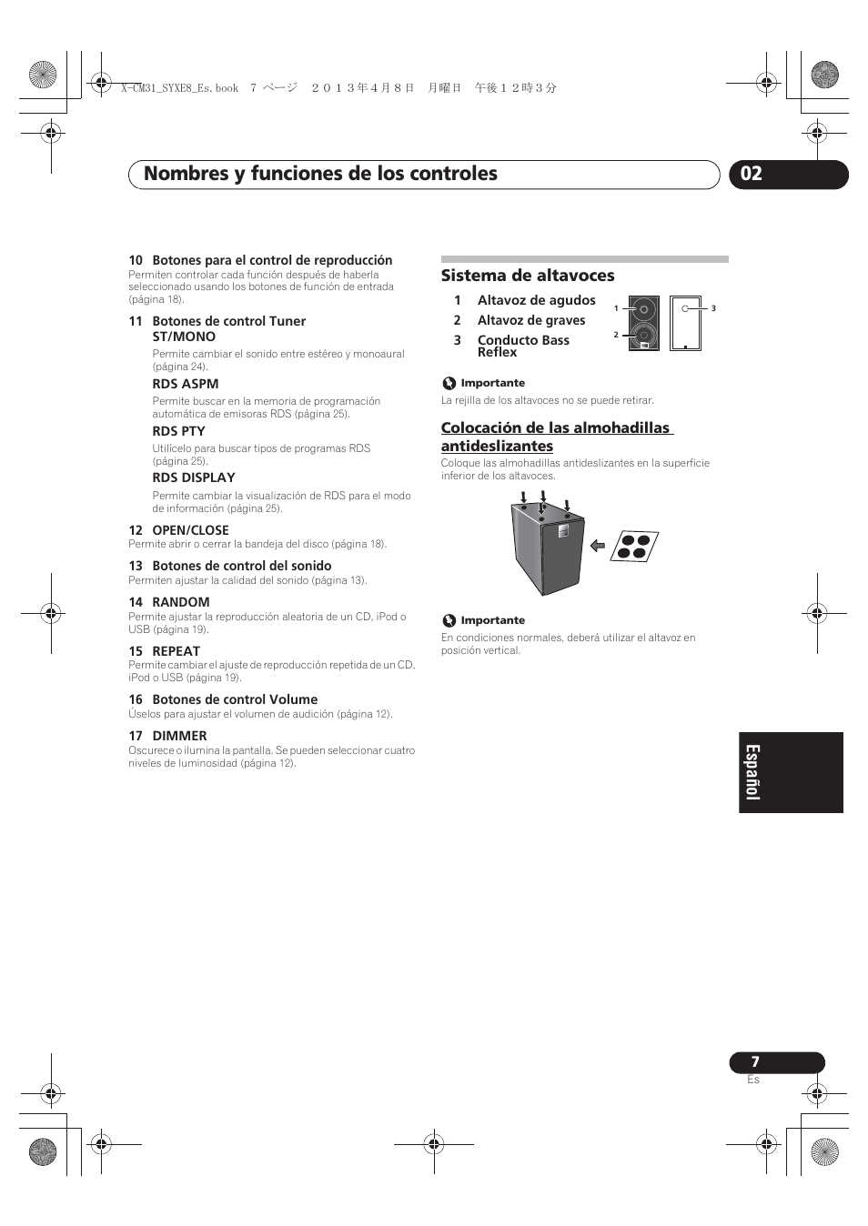 Sistema de altavoces, Colocación de las almohadillas antideslizantes, Nombres y funciones de los controles 02 | Pioneer X-CM31-W User Manual | Page 167 / 228