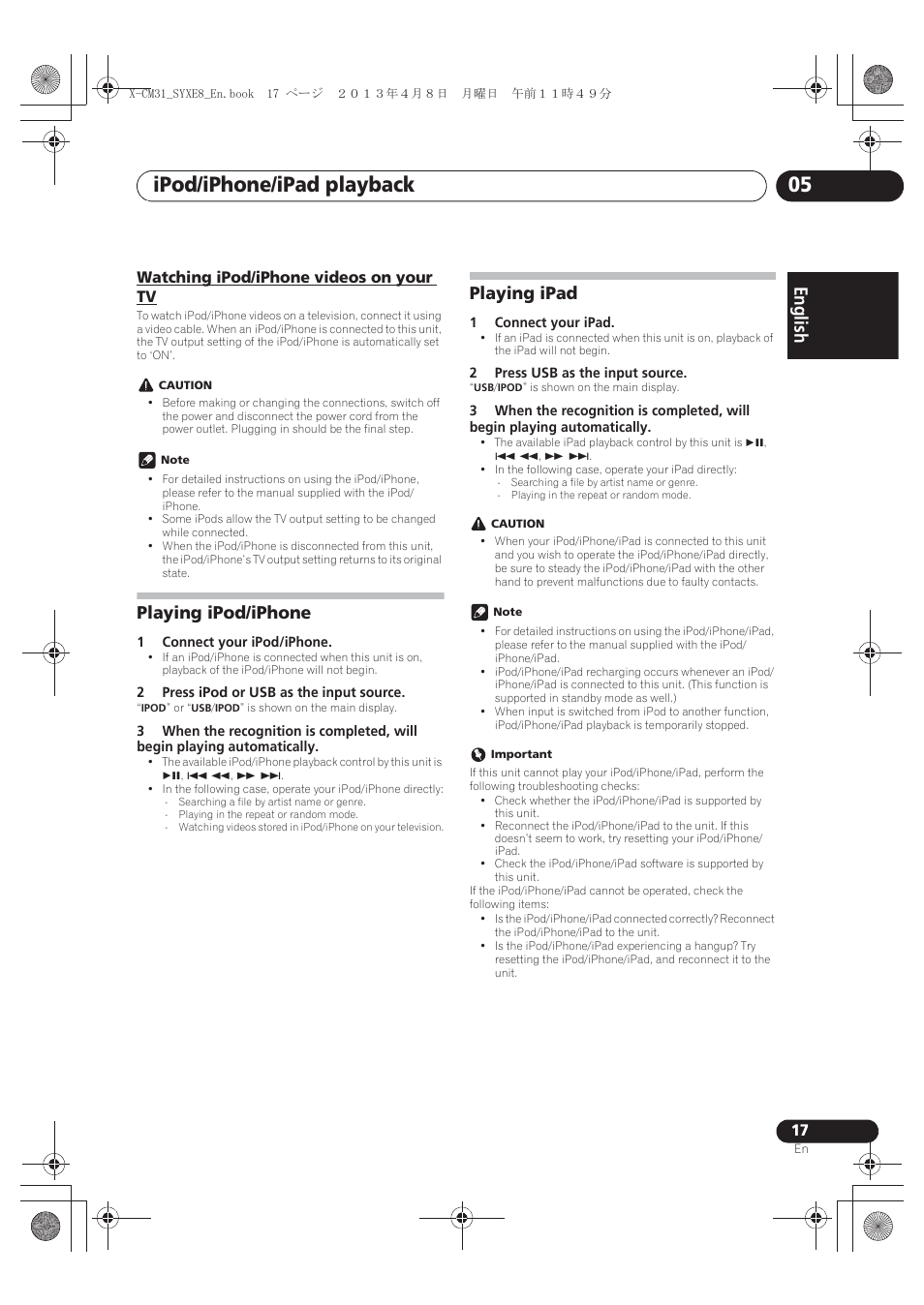 Watching ipod/iphone videos on your tv, Playing ipod/iphone, Playing ipad | Ipod/iphone/ipad playback 05, English français español | Pioneer X-CM31-W User Manual | Page 17 / 228