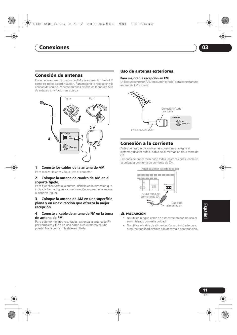 Conexión de antenas, Uso de antenas exteriores, Conexión a la corriente | Conexiones 03 | Pioneer X-CM31-W User Manual | Page 171 / 228