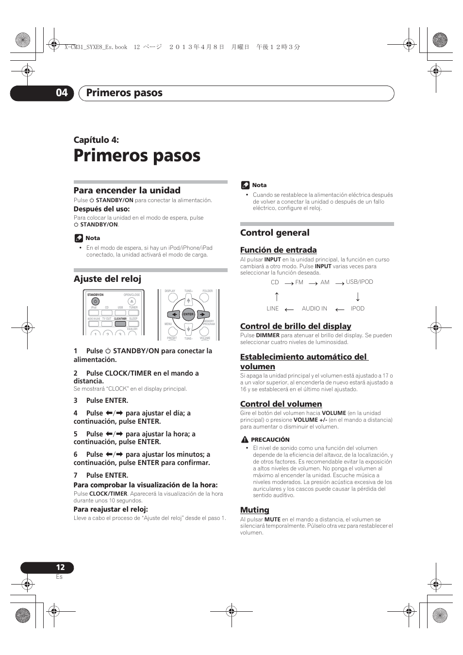 04 primeros pasos, Para encender la unidad, Ajuste del reloj | Control general, Función de entrada, Control de brillo del display, Establecimiento automático del volumen, Control del volumen, Muting, Primeros pasos | Pioneer X-CM31-W User Manual | Page 172 / 228