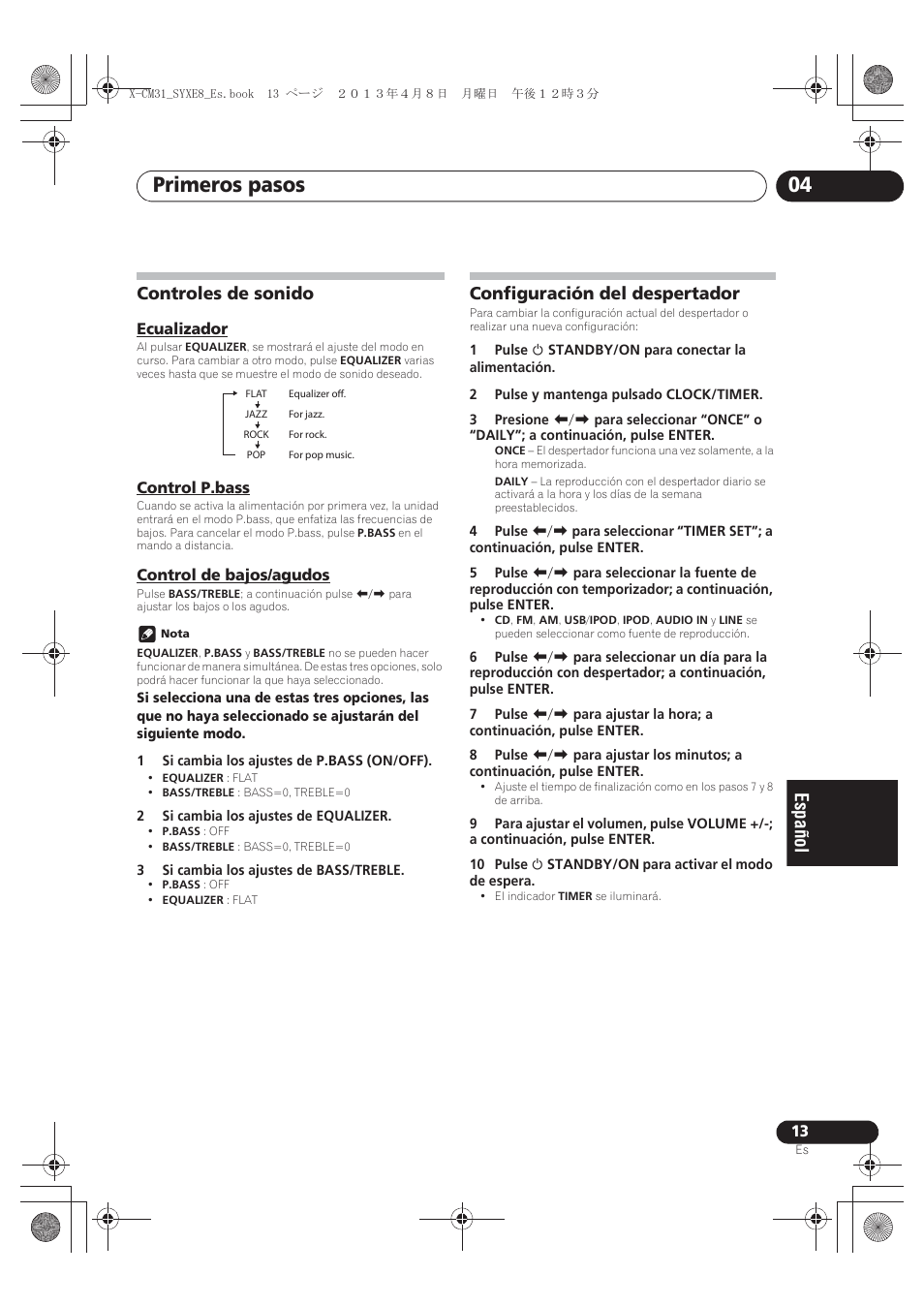 Controles de sonido, Ecualizador, Control p.bass | Control de bajos/agudos, Configuración del despertador, Primeros pasos 04 | Pioneer X-CM31-W User Manual | Page 173 / 228