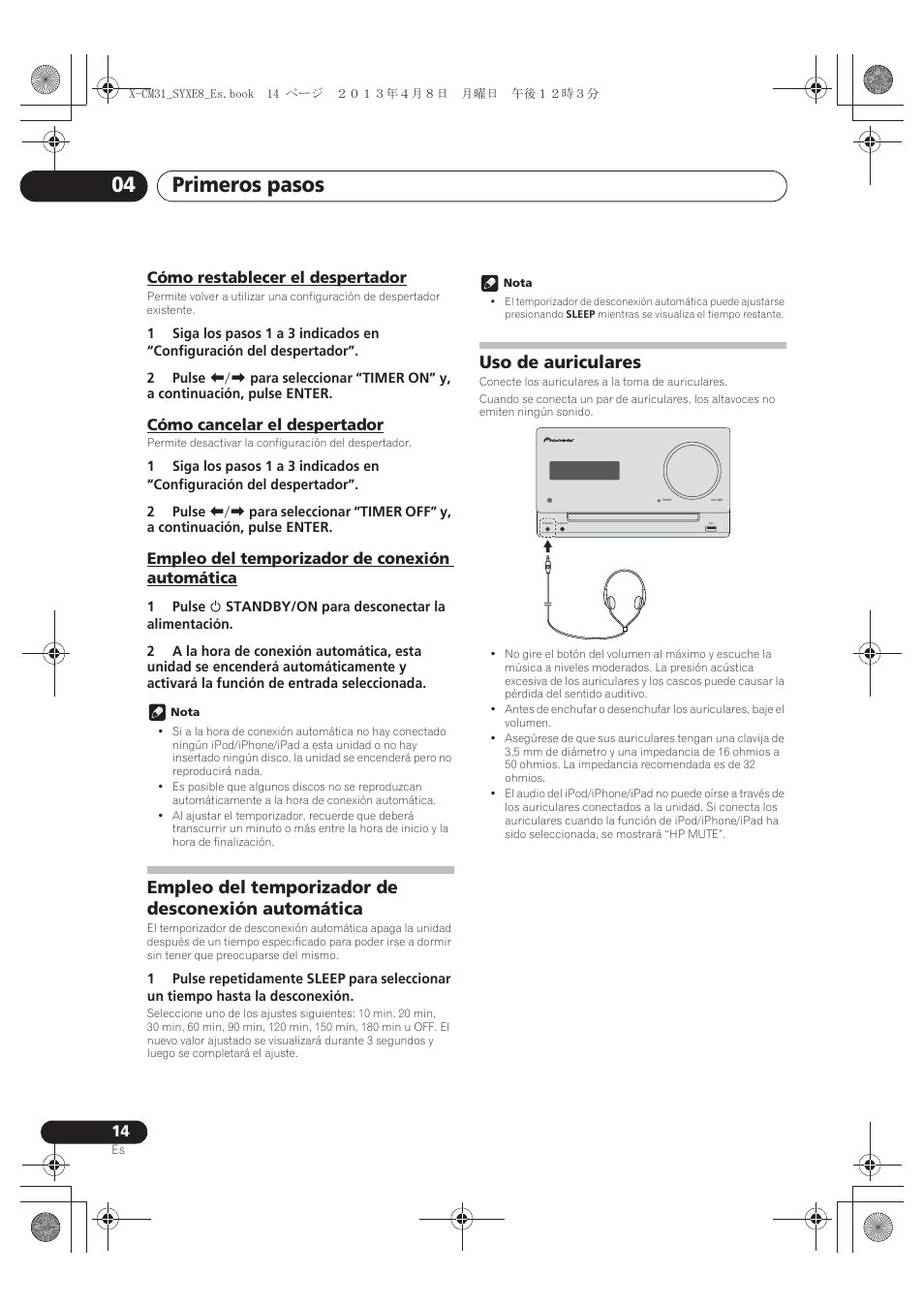 Cómo restablecer el despertador, Cómo cancelar el despertador, Empleo del temporizador de conexión automática | Empleo del temporizador de desconexión, Automática, Uso de auriculares, Primeros pasos 04, Empleo del temporizador de desconexión automática | Pioneer X-CM31-W User Manual | Page 174 / 228