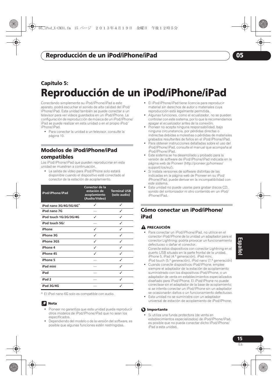 05 reproducción de un ipod/iphone/ipad, Modelos de ipod/iphone/ipad compatibles, Cómo conectar un ipod/iphone/ipad | Reproducción de un ipod/iphone/ipad, Reproducción de un ipod/iphone/ipad 05, Capítulo 5, Cómo conectar un ipod/iphone/ ipad | Pioneer X-CM31-W User Manual | Page 175 / 228