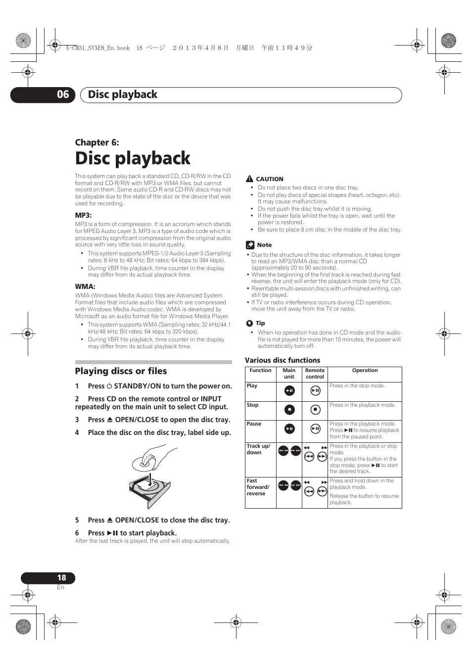 06 disc playback, Playing discs or files, Disc playback | Disc playback 06, Chapter 6 | Pioneer X-CM31-W User Manual | Page 18 / 228