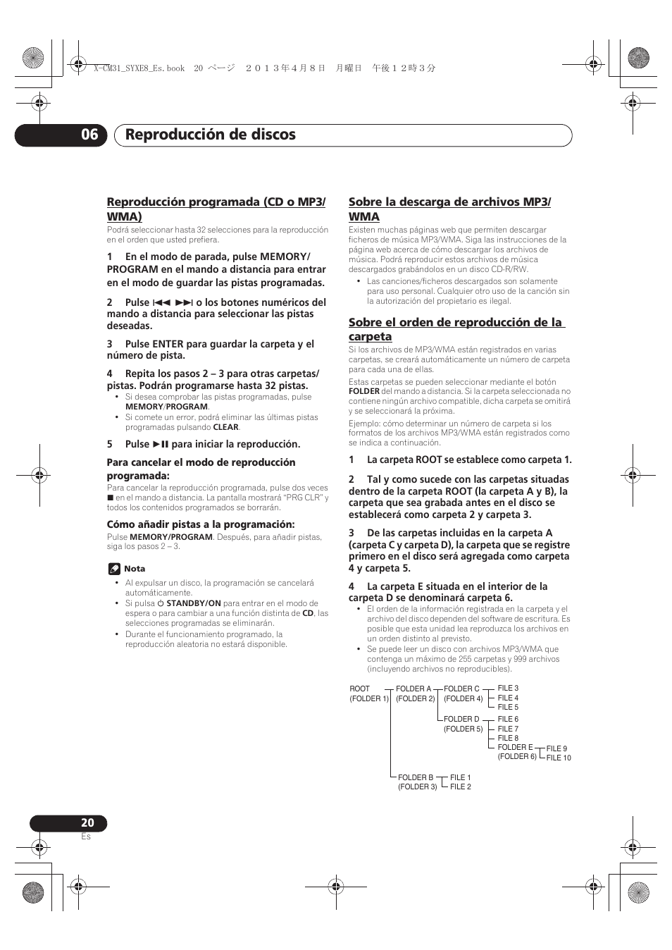 Reproducción programada (cd o mp3/wma), Sobre la descarga de archivos mp3/wma, Sobre el orden de reproducción de la carpeta | Reproducción de discos 06, Reproducción programada (cd o mp3/ wma), Sobre la descarga de archivos mp3/ wma | Pioneer X-CM31-W User Manual | Page 180 / 228