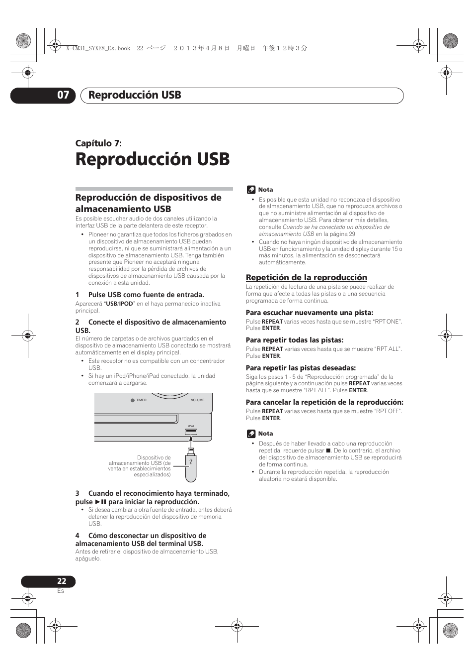 07 reproducción usb, Reproducción de dispositivos de almacenamiento, Repetición de la reproducción | Reproducción usb, Reproducción usb 07, Capítulo 7, Reproducción de dispositivos de almacenamiento usb | Pioneer X-CM31-W User Manual | Page 182 / 228