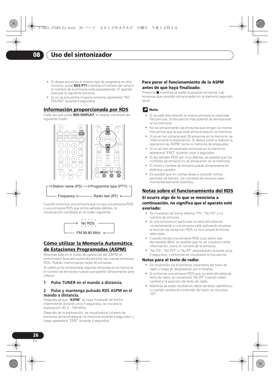 Información proporcionada por rds, Cómo utilizar la memoria automática de estaciones, Programadas (aspm) | Notas sobre el funcionamiento del rds, Uso del sintonizador 08, Notas para el texto de radio | Pioneer X-CM31-W User Manual | Page 186 / 228