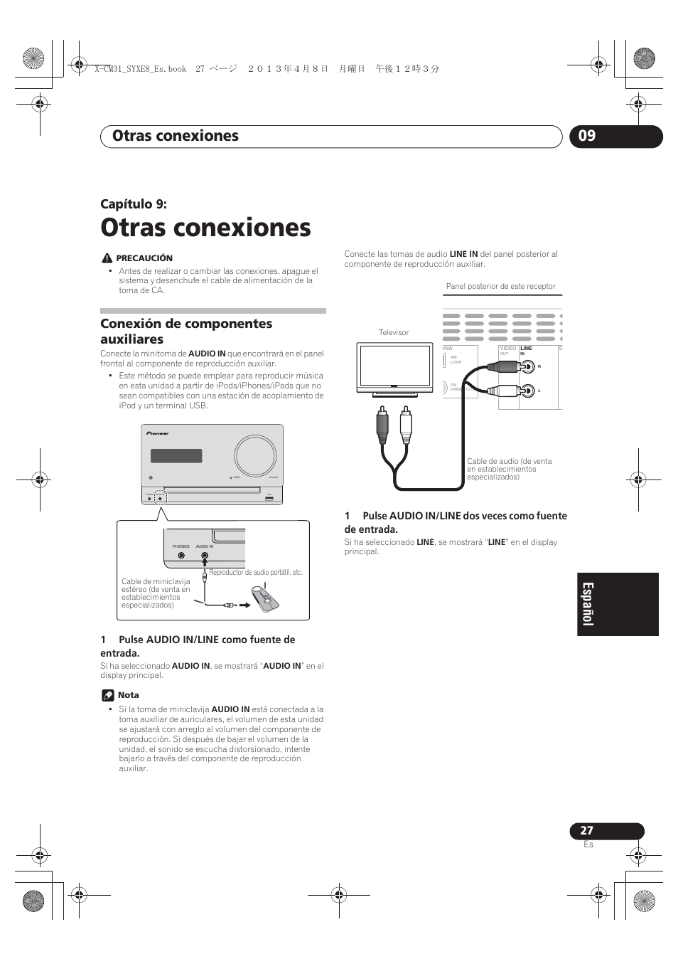 09 otras conexiones, Conexión de componentes auxiliares, Otras conexiones | Otras conexiones 09, Capítulo 9 | Pioneer X-CM31-W User Manual | Page 187 / 228