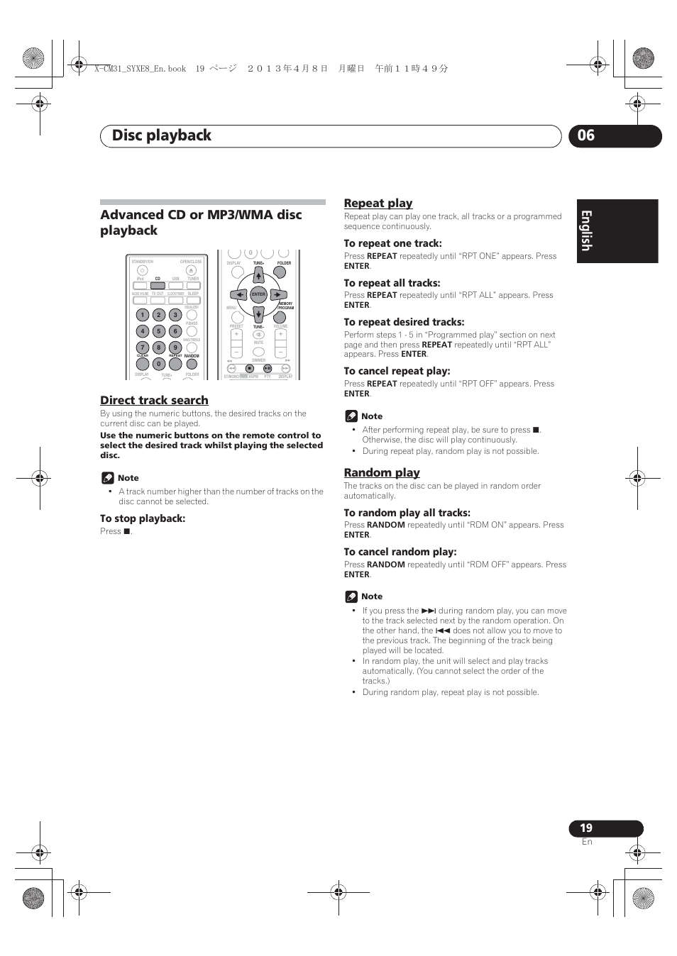 Advanced cd or mp3/wma disc playback, Direct track search, Repeat play | Random play, Disc playback 06, English français español | Pioneer X-CM31-W User Manual | Page 19 / 228
