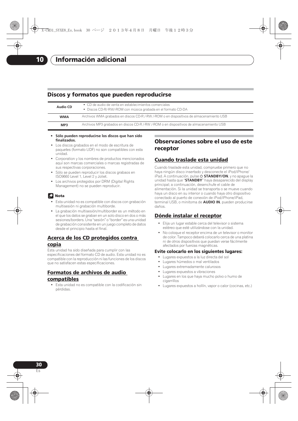 Discos y formatos que pueden reproducirse, Acerca de los cd protegidos contra copia, Formatos de archivos de audio compatibles | Observaciones sobre el uso de este receptor, Cuando traslade esta unidad, Dónde instalar el receptor, Información adicional 10 | Pioneer X-CM31-W User Manual | Page 190 / 228