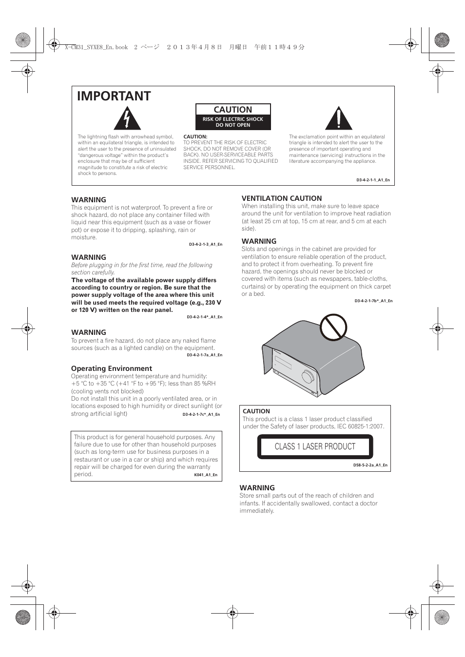 Important, Caution, Class 1 laser product | Pioneer X-CM31-W User Manual | Page 2 / 228