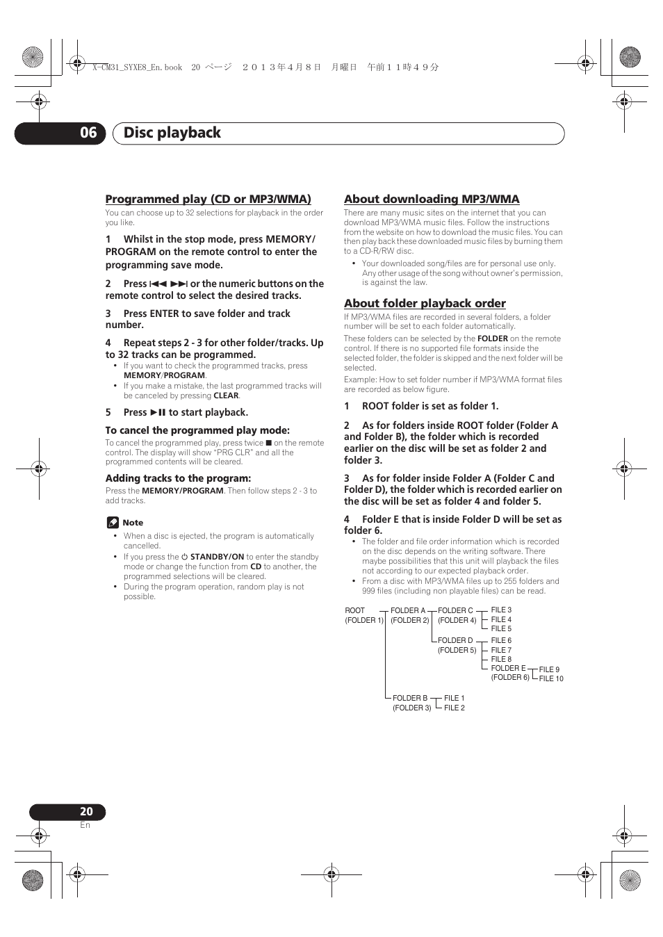Programmed play (cd or mp3/wma), About downloading mp3/wma, About folder playback order | Disc playback 06 | Pioneer X-CM31-W User Manual | Page 20 / 228