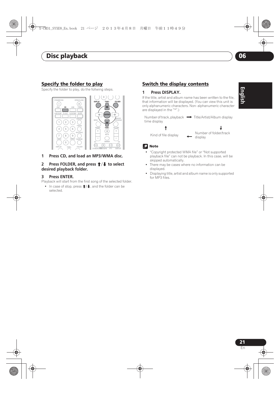 Specify the folder to play, Switch the display contents, Disc playback 06 | English français español, 1press display | Pioneer X-CM31-W User Manual | Page 21 / 228