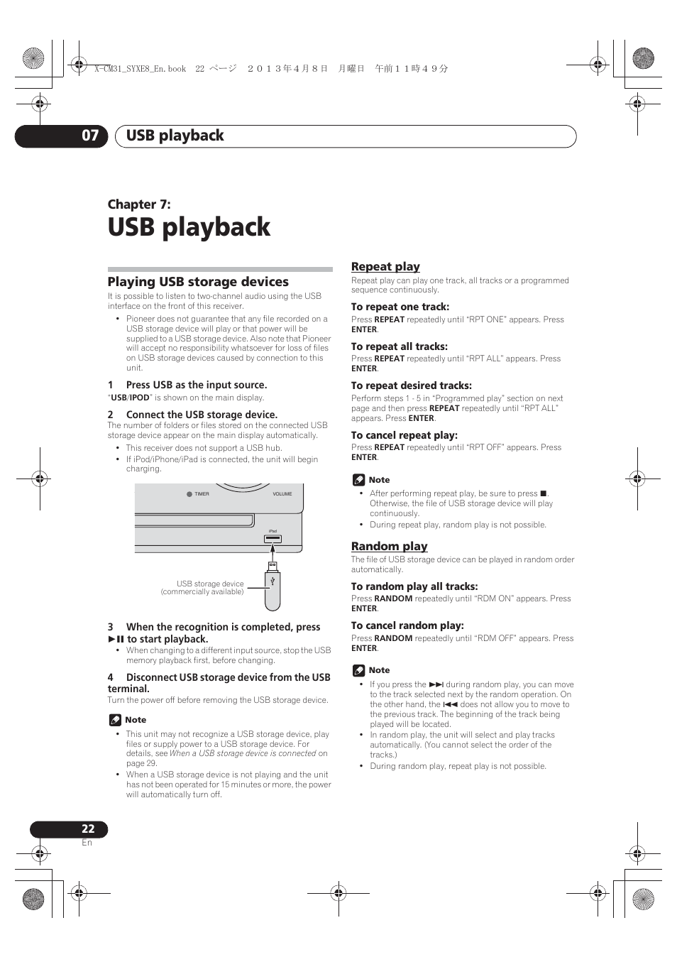 07 usb playback, Playing usb storage devices, Repeat play | Random play, Usb playback, Usb playback 07, Chapter 7 | Pioneer X-CM31-W User Manual | Page 22 / 228