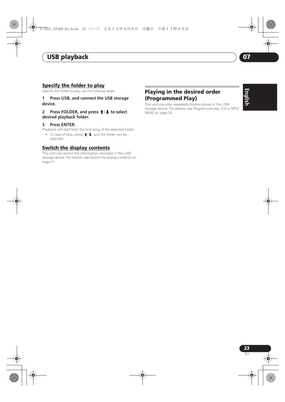 Specify the folder to play, Switch the display contents, Playing in the desired order | Programmed play), Usb playback 07, English français español, Playing in the desired order (programmed play) | Pioneer X-CM31-W User Manual | Page 23 / 228