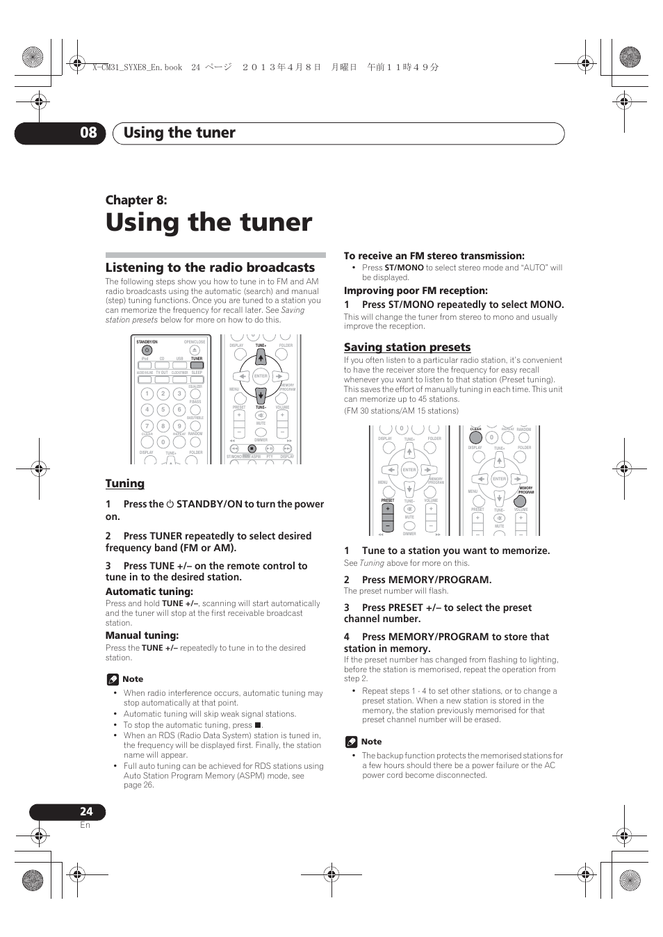 08 using the tuner, Listening to the radio broadcasts, Tuning | Saving station presets, Using the tuner, Using the tuner 08, Chapter 8, Manual tuning | Pioneer X-CM31-W User Manual | Page 24 / 228