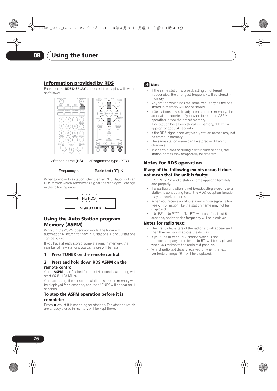 Information provided by rds, Using the auto station program memory (aspm), Notes for rds operation | Using the tuner 08 | Pioneer X-CM31-W User Manual | Page 26 / 228