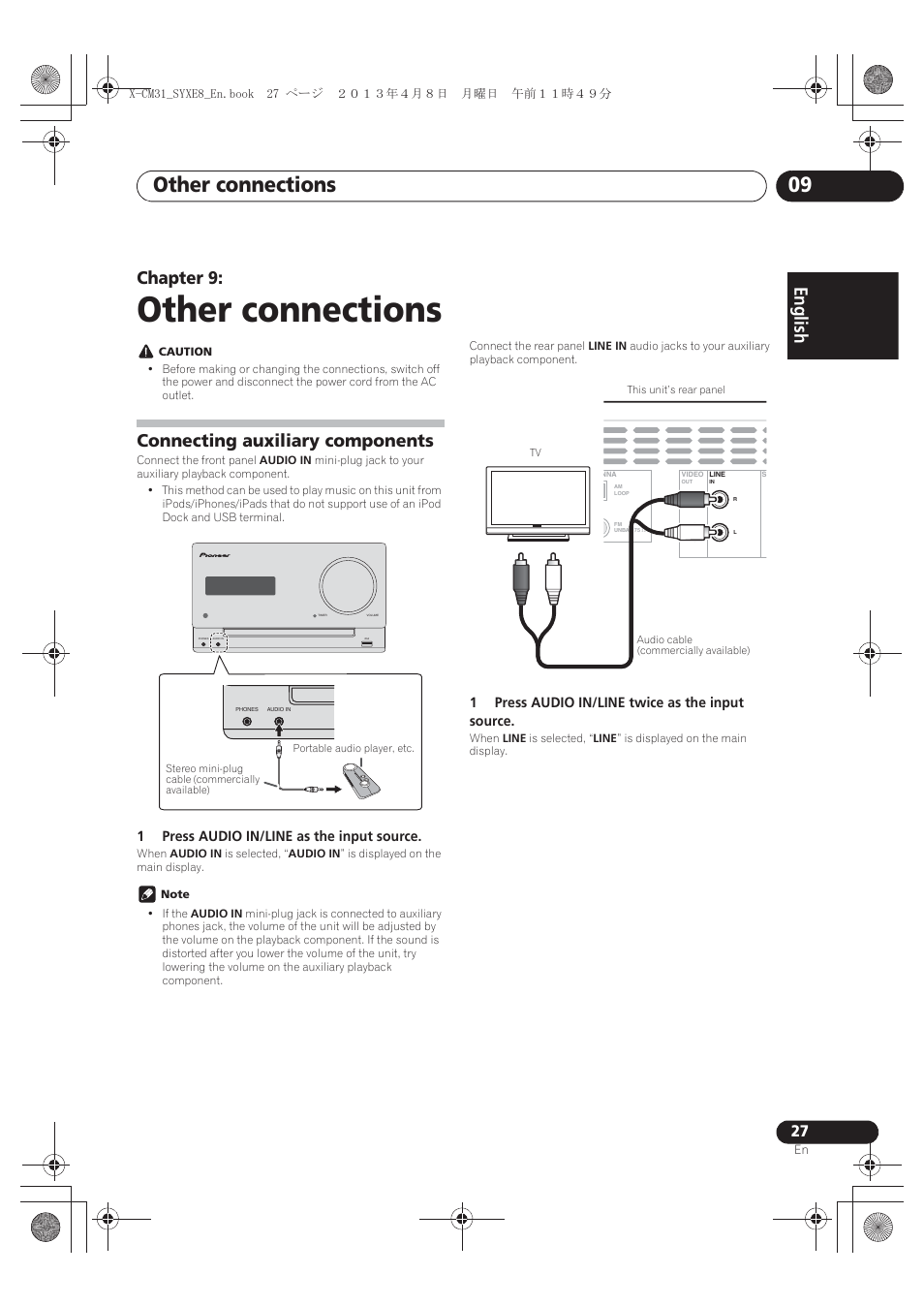 09 other connections, Connecting auxiliary components, Other connections | Other connections 09, English français español, Chapter 9 | Pioneer X-CM31-W User Manual | Page 27 / 228