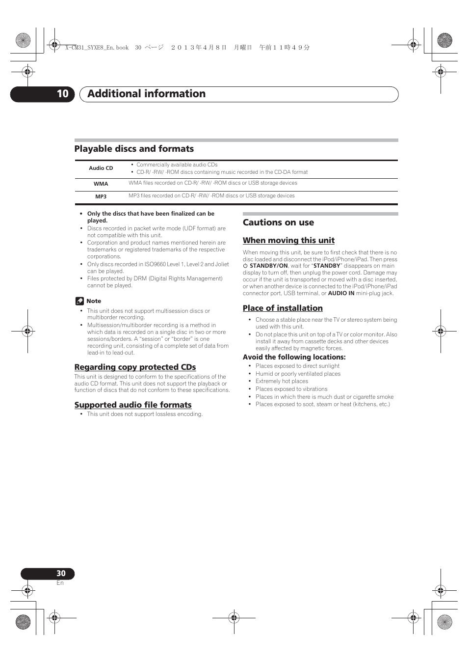 Playable discs and formats, Regarding copy protected cds, Supported audio file formats | Cautions on use, When moving this unit, Place of installation, Additional information 10 | Pioneer X-CM31-W User Manual | Page 30 / 228