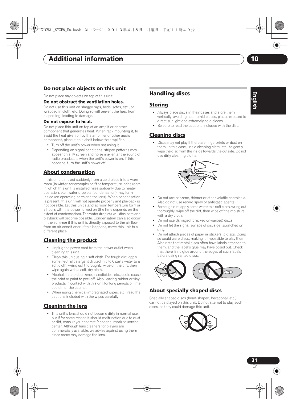 Do not place objects on this unit, About condensation, Cleaning the product | Cleaning the lens, Handling discs, Storing, Cleaning discs, About specially shaped discs, Additional information 10, English français español | Pioneer X-CM31-W User Manual | Page 31 / 228