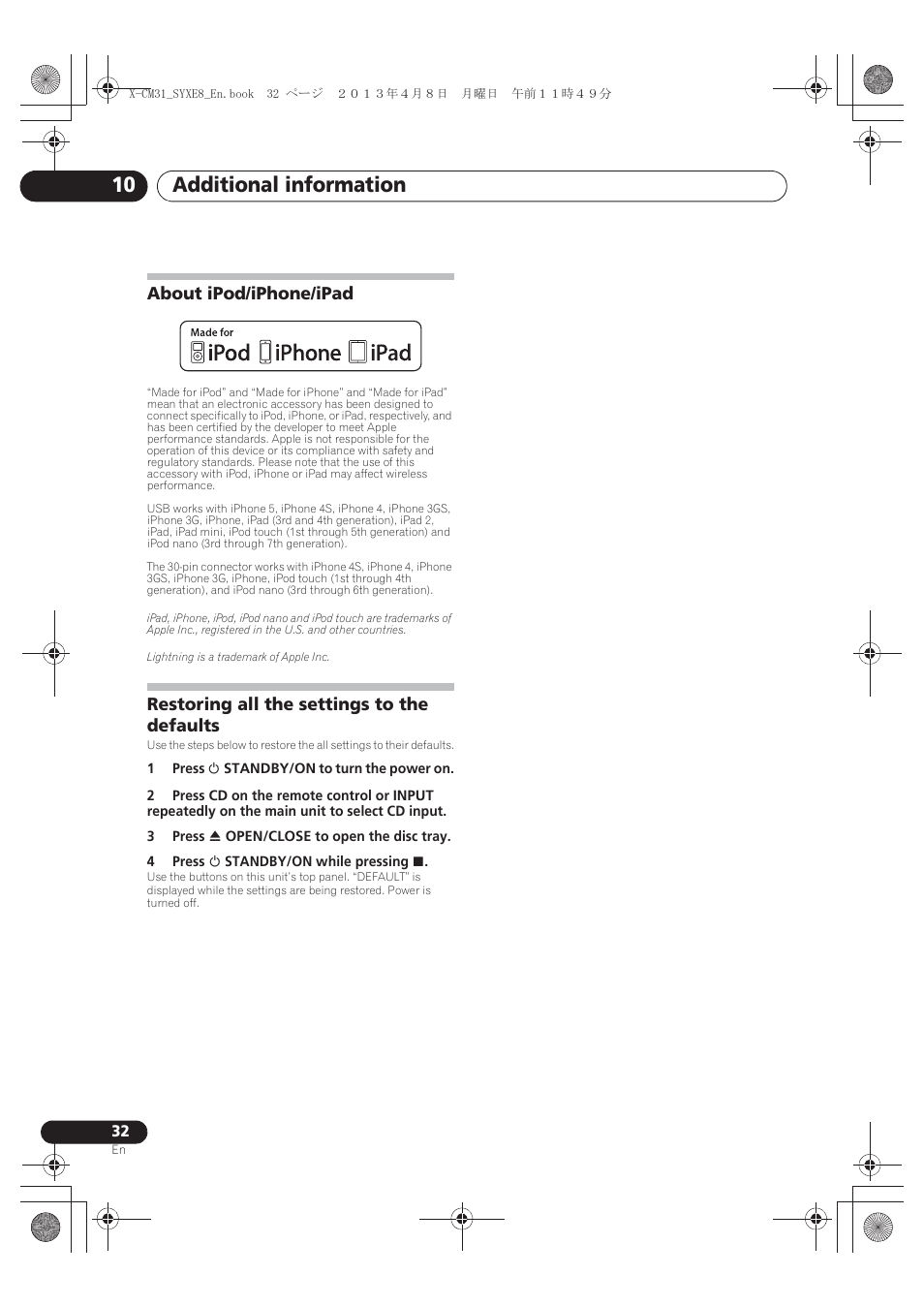 About ipod/iphone/ipad, Restoring all the settings to the defaults, Additional information 10 | Pioneer X-CM31-W User Manual | Page 32 / 228