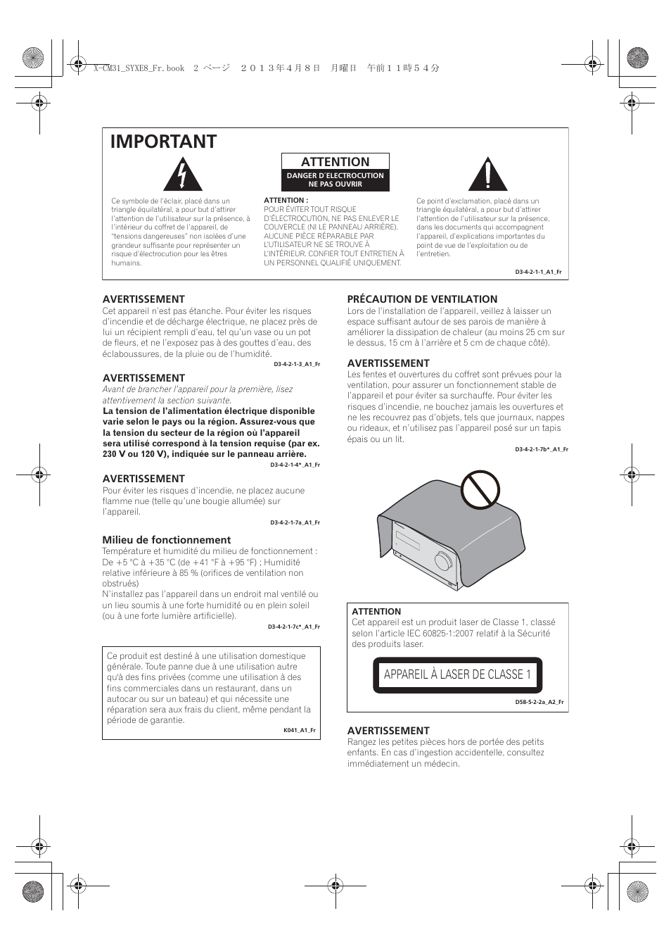 Important, Appareil à laser de classe 1, Attention | Pioneer X-CM31-W User Manual | Page 34 / 228