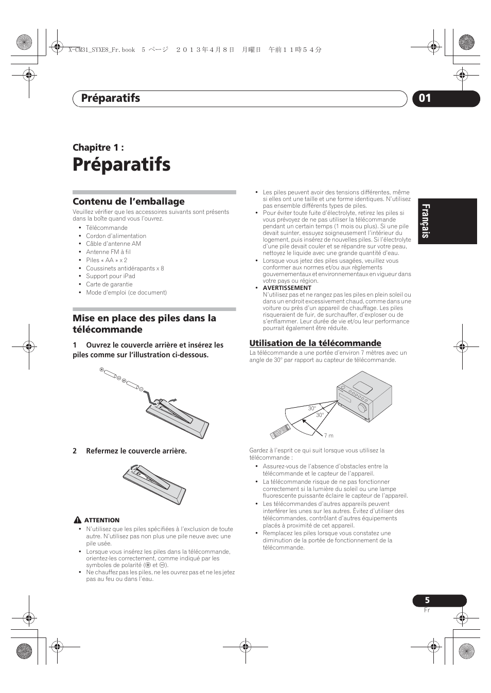 01 préparatifs, Contenu de l’emballage, Mise en place des piles dans la télécommande | Utilisation de la télécommande, Préparatifs, Préparatifs 01, Chapitre 1 | Pioneer X-CM31-W User Manual | Page 37 / 228