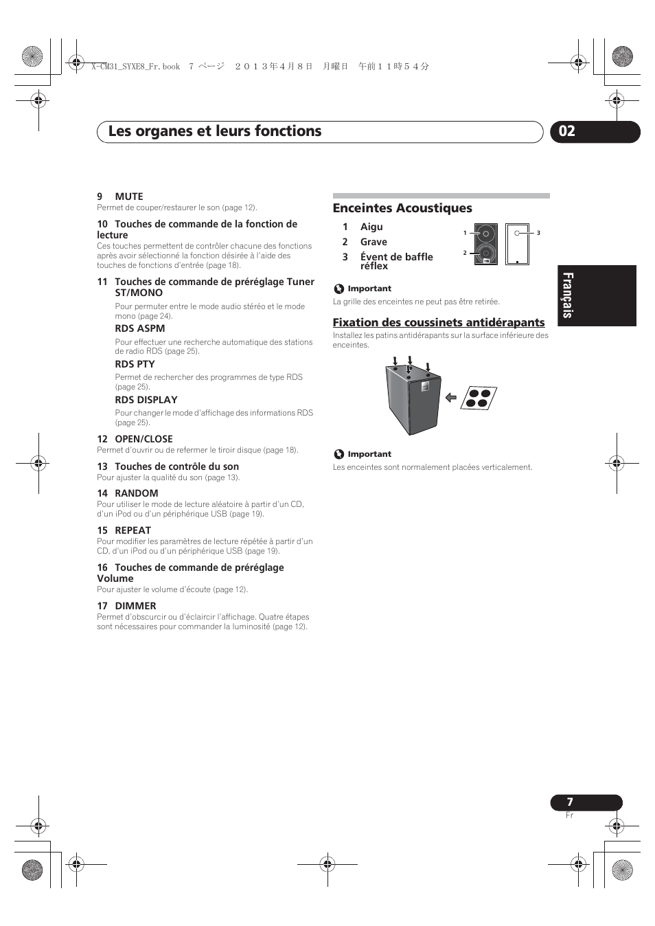 Enceintes acoustiques, Fixation des coussinets antidérapants, Les organes et leurs fonctions 02 | Pioneer X-CM31-W User Manual | Page 39 / 228
