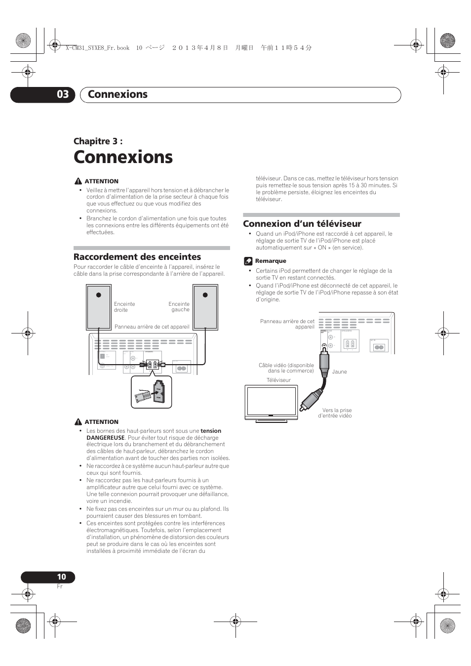 03 connexions, Raccordement des enceintes, Connexion d’un téléviseur | Connexions, Connexions 03, Chapitre 3 | Pioneer X-CM31-W User Manual | Page 42 / 228