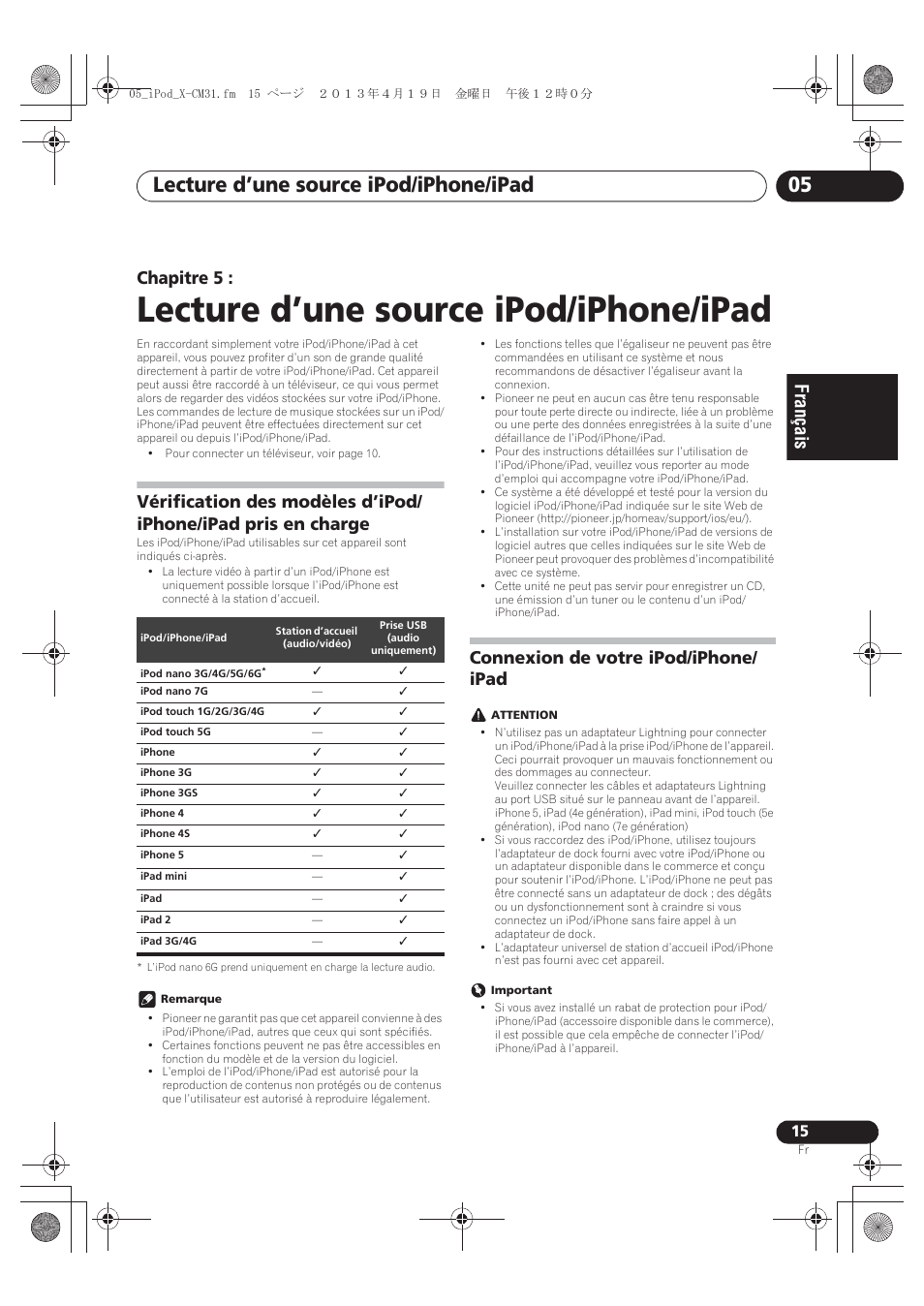 05 lecture d’une source ipod/iphone/ipad, Charge, Connexion de votre ipod/iphone/ipad | Lecture d’une source ipod/iphone/ipad, Lecture d’une source ipod/iphone/ipad 05, Chapitre 5, Connexion de votre ipod/iphone/ ipad | Pioneer X-CM31-W User Manual | Page 47 / 228