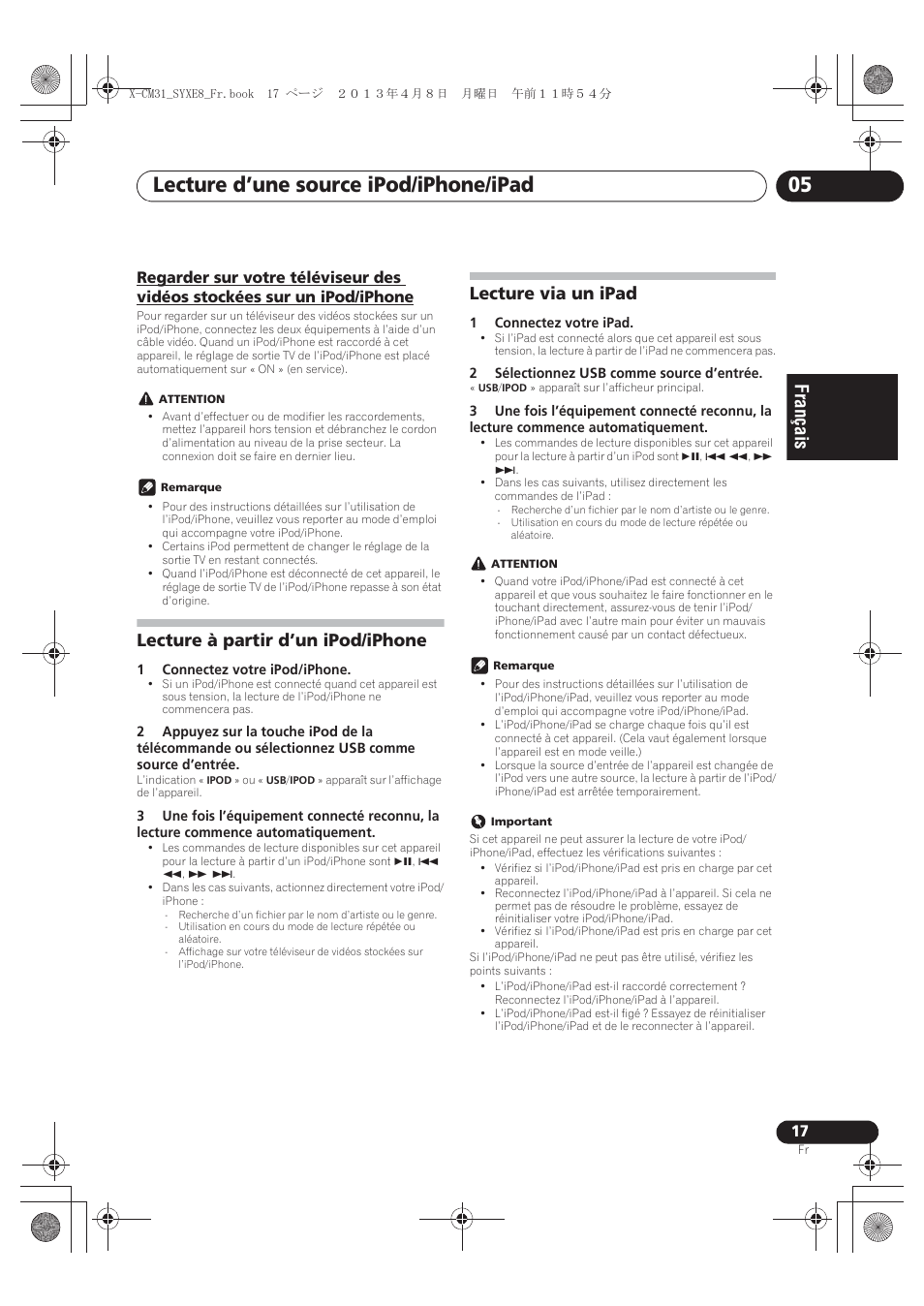 Un ipod/iphone, Lecture à partir d’un ipod/iphone, Lecture via un ipad | Lecture d’une source ipod/iphone/ipad 05 | Pioneer X-CM31-W User Manual | Page 49 / 228