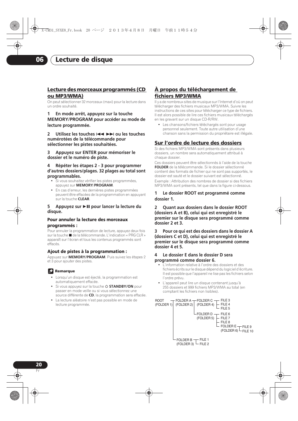 Lecture des morceaux programmés, Cd ou mp3/wma), À propos du téléchargement de fichiers | Mp3/wma, Sur l’ordre de lecture des dossiers, Lecture de disque 06, Lecture des morceaux programmés (cd ou mp3/wma), À propos du téléchargement de fichiers mp3/wma | Pioneer X-CM31-W User Manual | Page 52 / 228