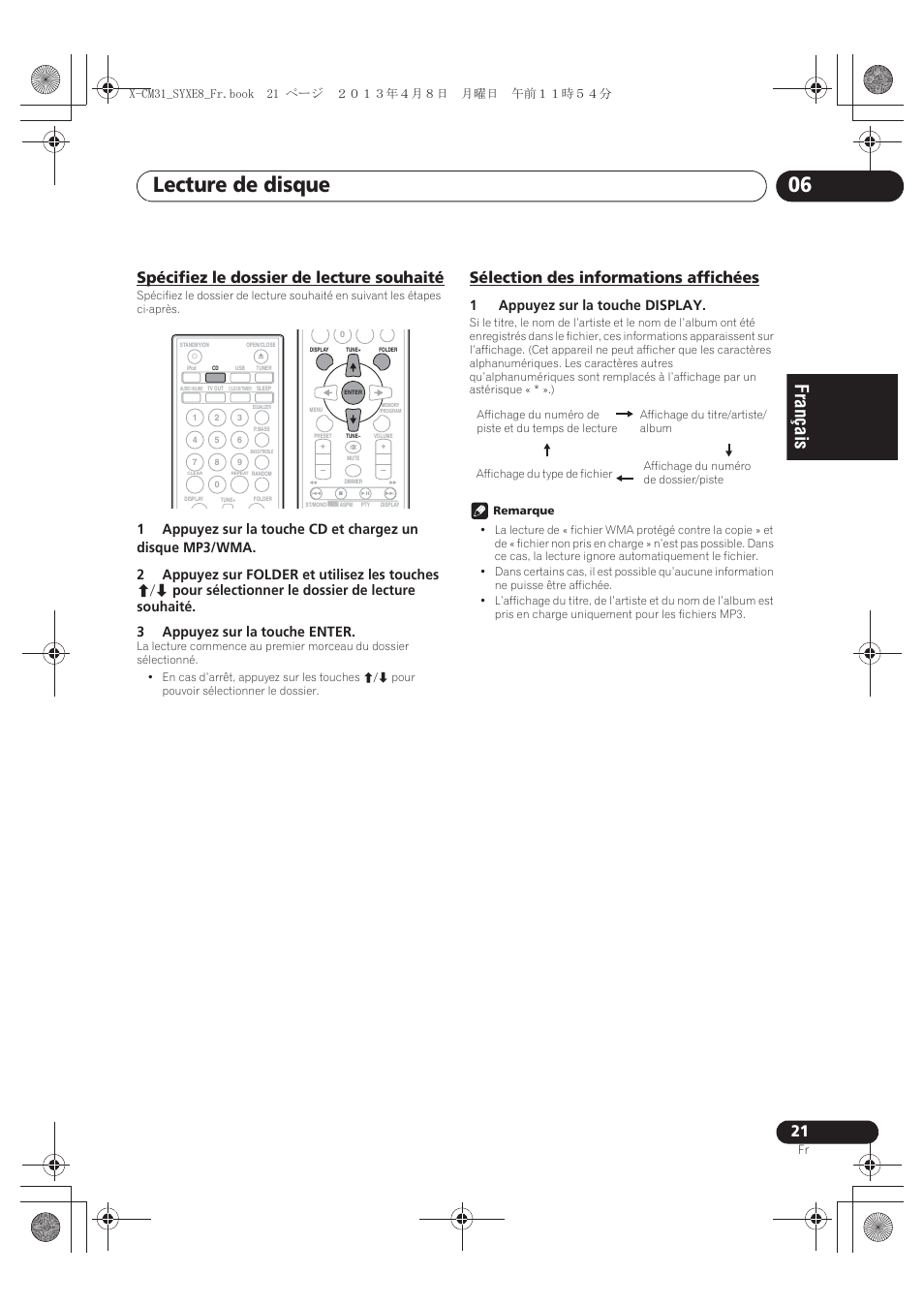 Spécifiez le dossier de lecture souhaité, Sélection des informations affichées, Lecture de disque 06 | 1appuyez sur la touche display | Pioneer X-CM31-W User Manual | Page 53 / 228