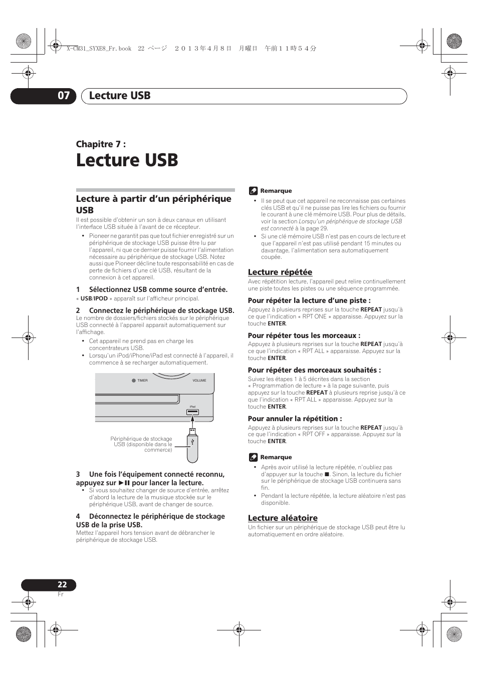 07 lecture usb, Lecture à partir d’un périphérique usb, Lecture répétée | Lecture aléatoire, Lecture usb, Lecture usb 07, Chapitre 7 | Pioneer X-CM31-W User Manual | Page 54 / 228