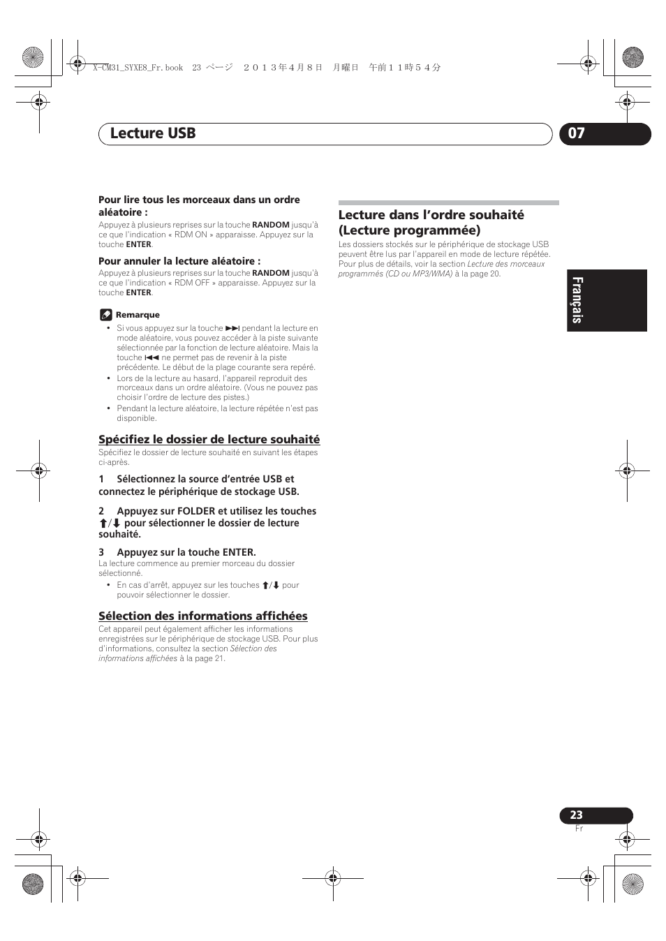 Spécifiez le dossier de lecture souhaité, Sélection des informations affichées, Lecture dans l’ordre souhaité | Lecture programmée), Lecture usb 07, Lecture dans l’ordre souhaité (lecture programmée) | Pioneer X-CM31-W User Manual | Page 55 / 228